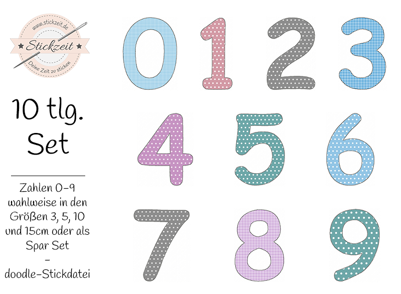 Zahlen 0 bis 9 - doodle Stickdatei