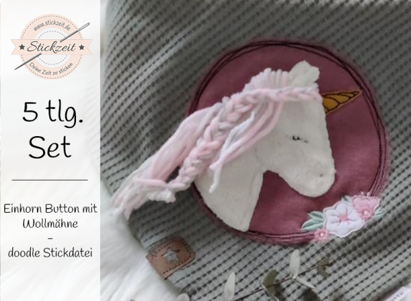 Einhorn Button mit Wollmähne - doodle Stickdatei