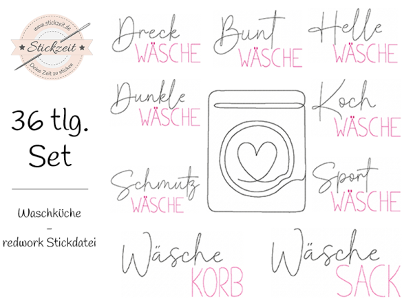 Waschküche Haushalt Sprüche - redwork Stickdatei